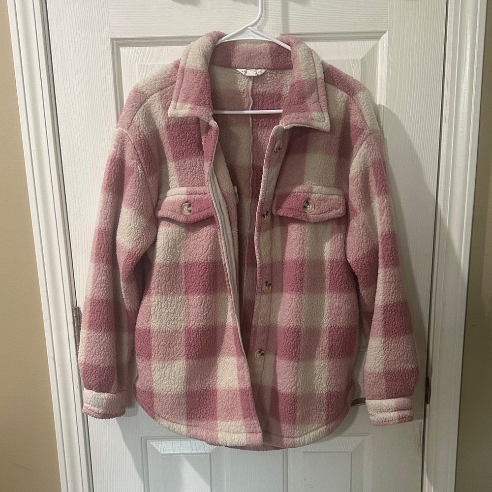 Aeropostale Pink & Cream Plaid Sherpa Shacket for Kids